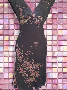 Black Floral V-Neck Midi Dress with Pink Accents